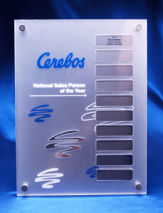A clear acrylic award featuring removable magnetic plates, with a blue and silver design and a branding logo. Perpetual Award - Lumina with Removeable Magnetic Plates - Image 1