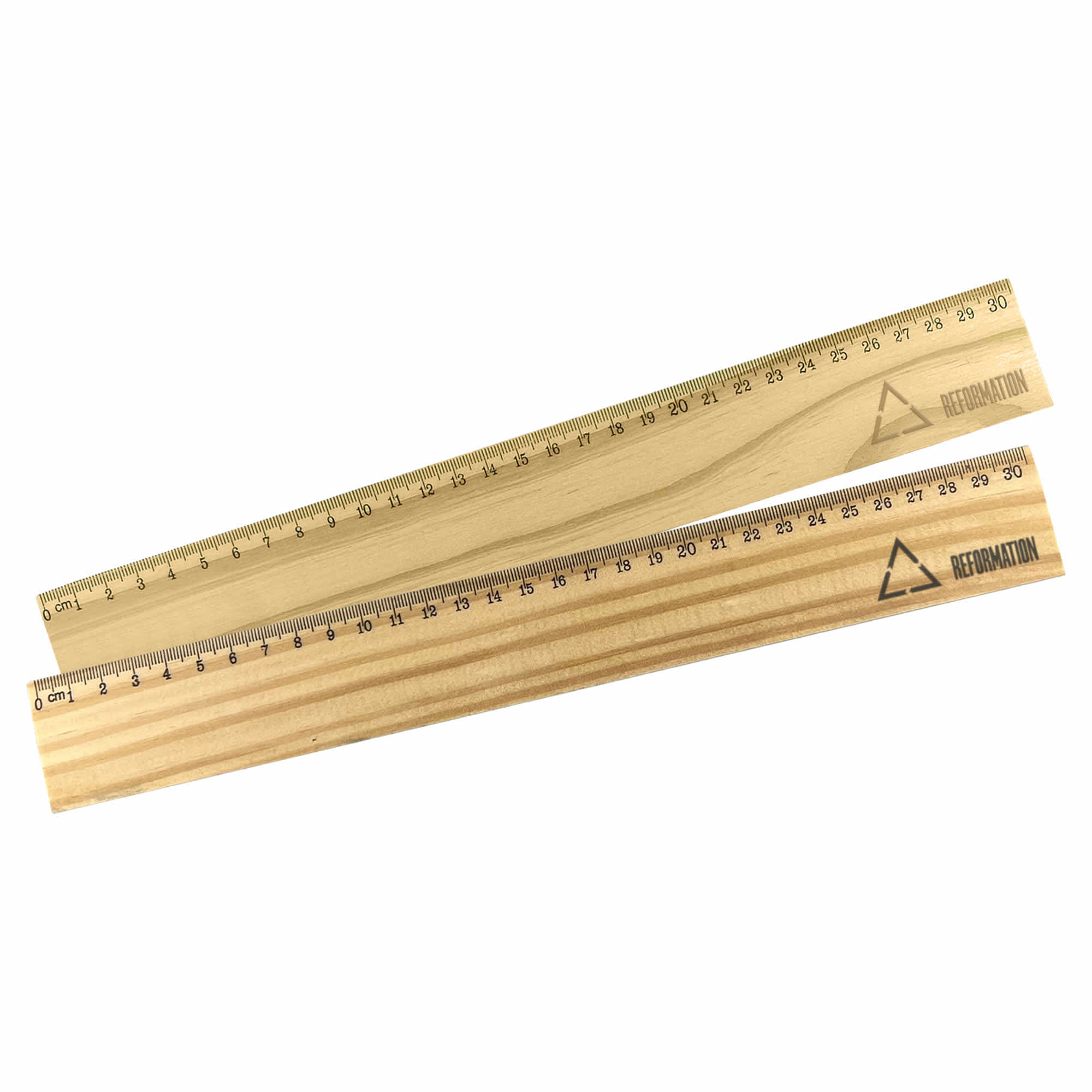 A wooden 30cm ruler in light wood tones, featuring measurement markings and a branding logo. Wood Ruler 30cm - Image 1