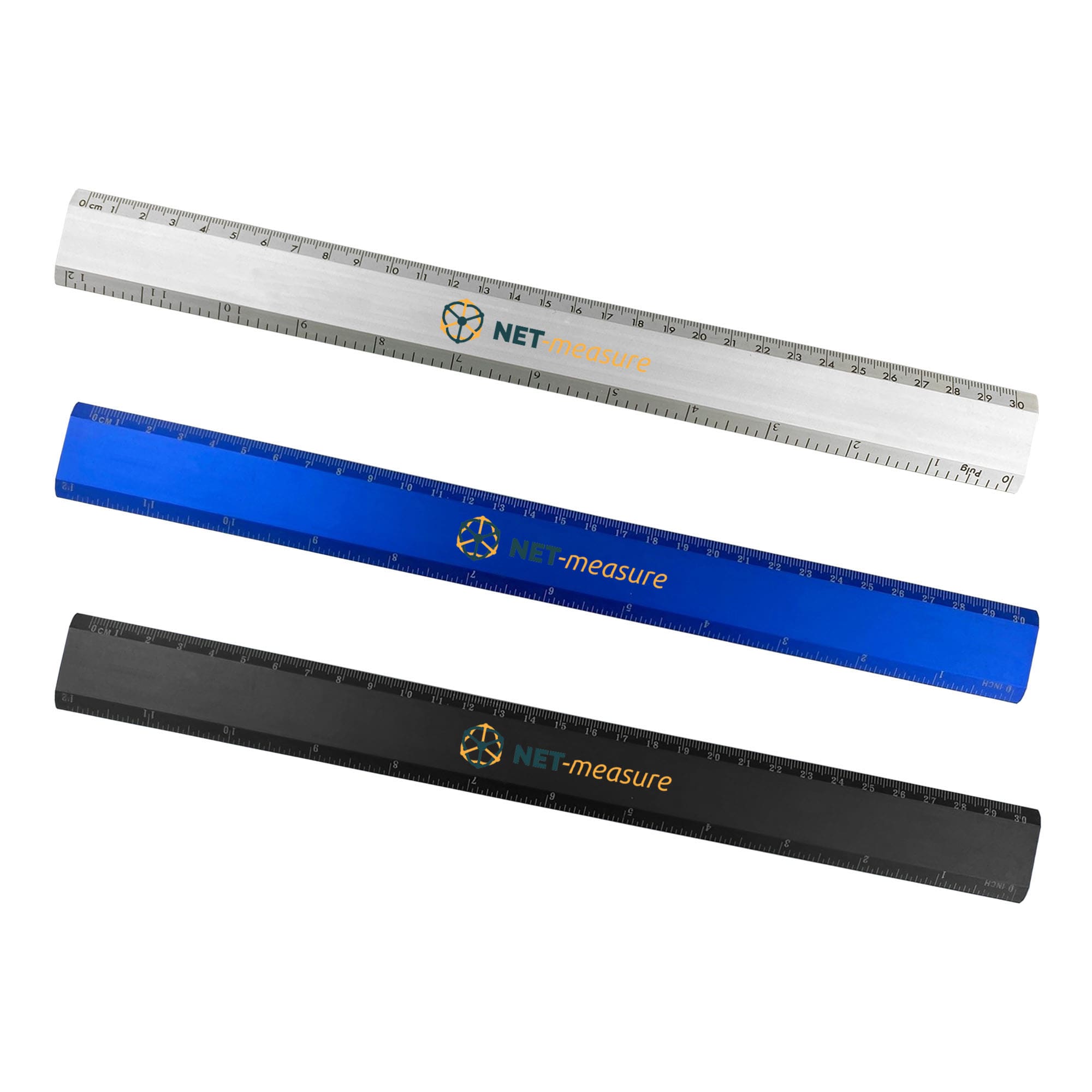 Three aluminium rulers in white, blue, and black, each featuring a logo and measurement markings. Aluminum Ruler 30cm - Image 1