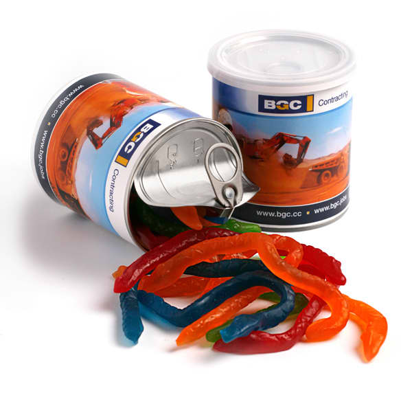 A round tin can with a pull tab, featuring colourful gummy snakes in red, blue, green, and orange. Pull Can with Snakes 200g - Image 1