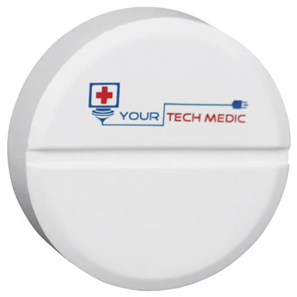 A round, white tablet-shaped stress reliever with a logo printed on the front. Round Tablet Shape Stress Reliever - Image 1