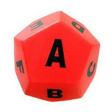 A red dodecagon-shaped stress reliever with black letters A, B, C, D, E, F, G, H, I, J, K, L, M. The Dodecagon Shape Stress Reliever - Image 1