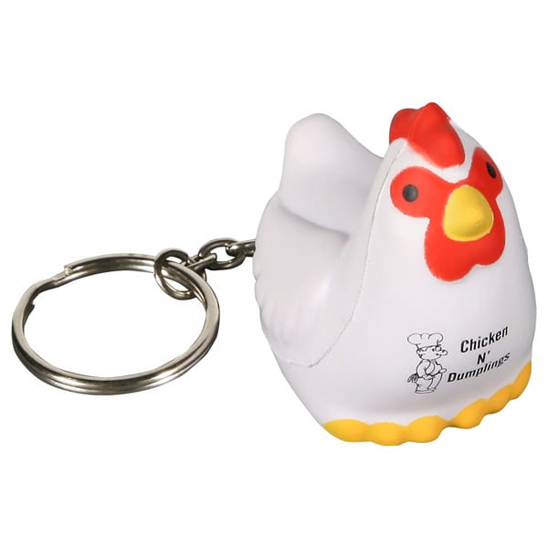 A keyring shaped like a white rooster stress reliever, featuring a yellow base and a small logo. Keyring with Rooster Stress Reliever - Image 1