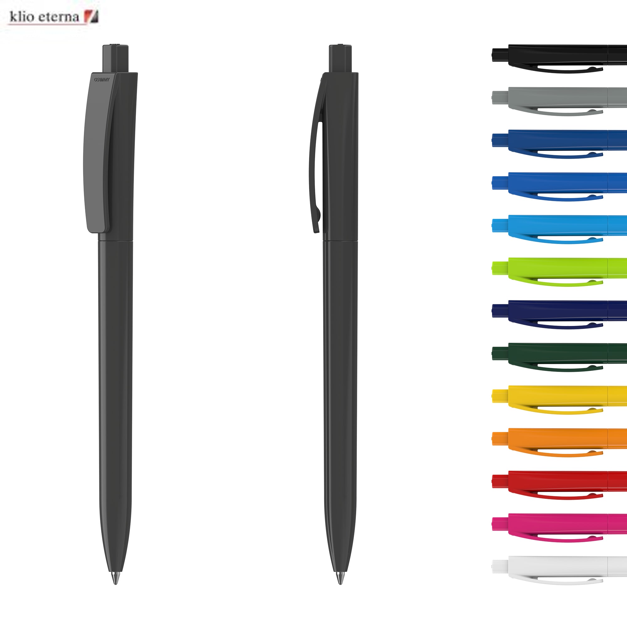 A set of plastic pens in various colours, featuring a shiny finish and a clip on the side. The main pen is black. Qube High Gloss - Image 1