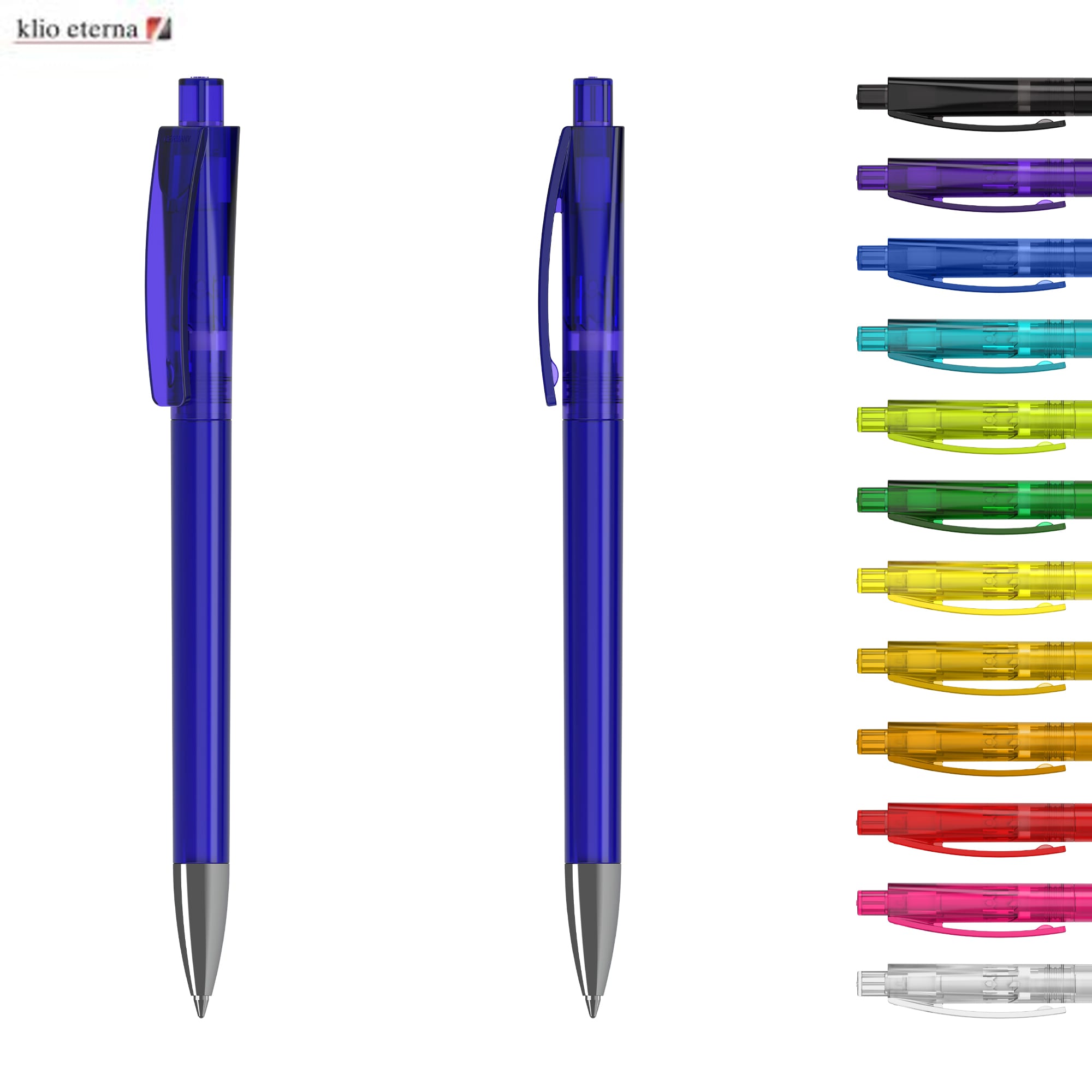 A transparent blue plastic pen is displayed alongside a selection of other colourful pens, all featuring a clip and a silver tip. Qube Transparent Mn - Image 1