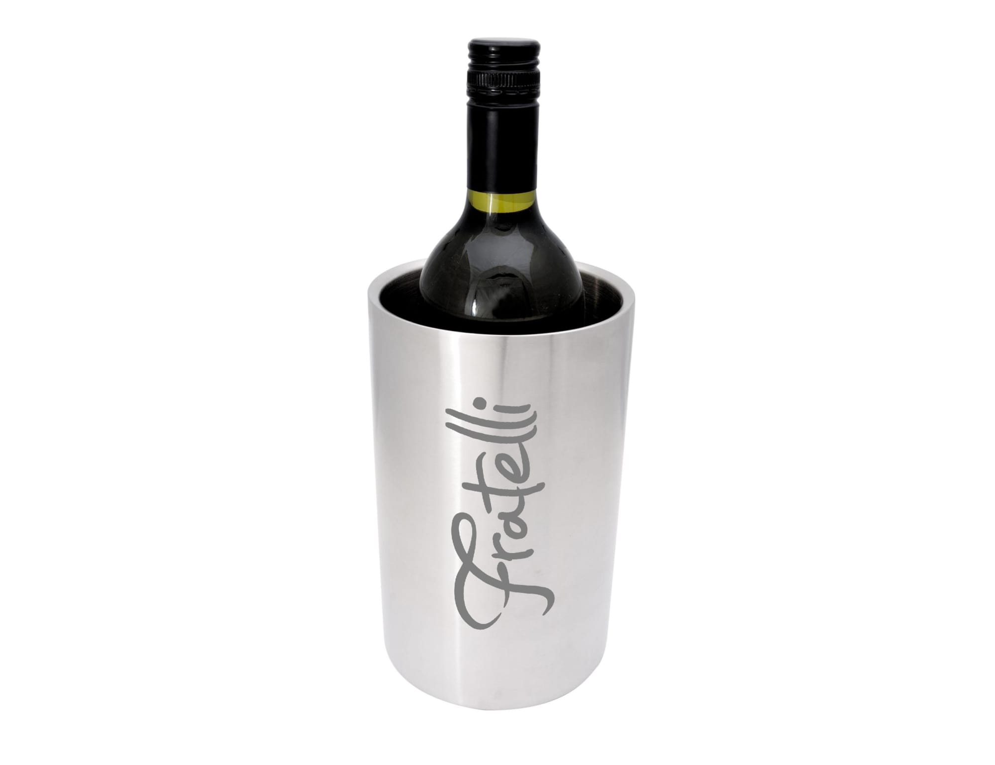 A drink bottle chiller in silver featuring a sleek design and a logo on the front. Chianti Wine Chiller - Image 1