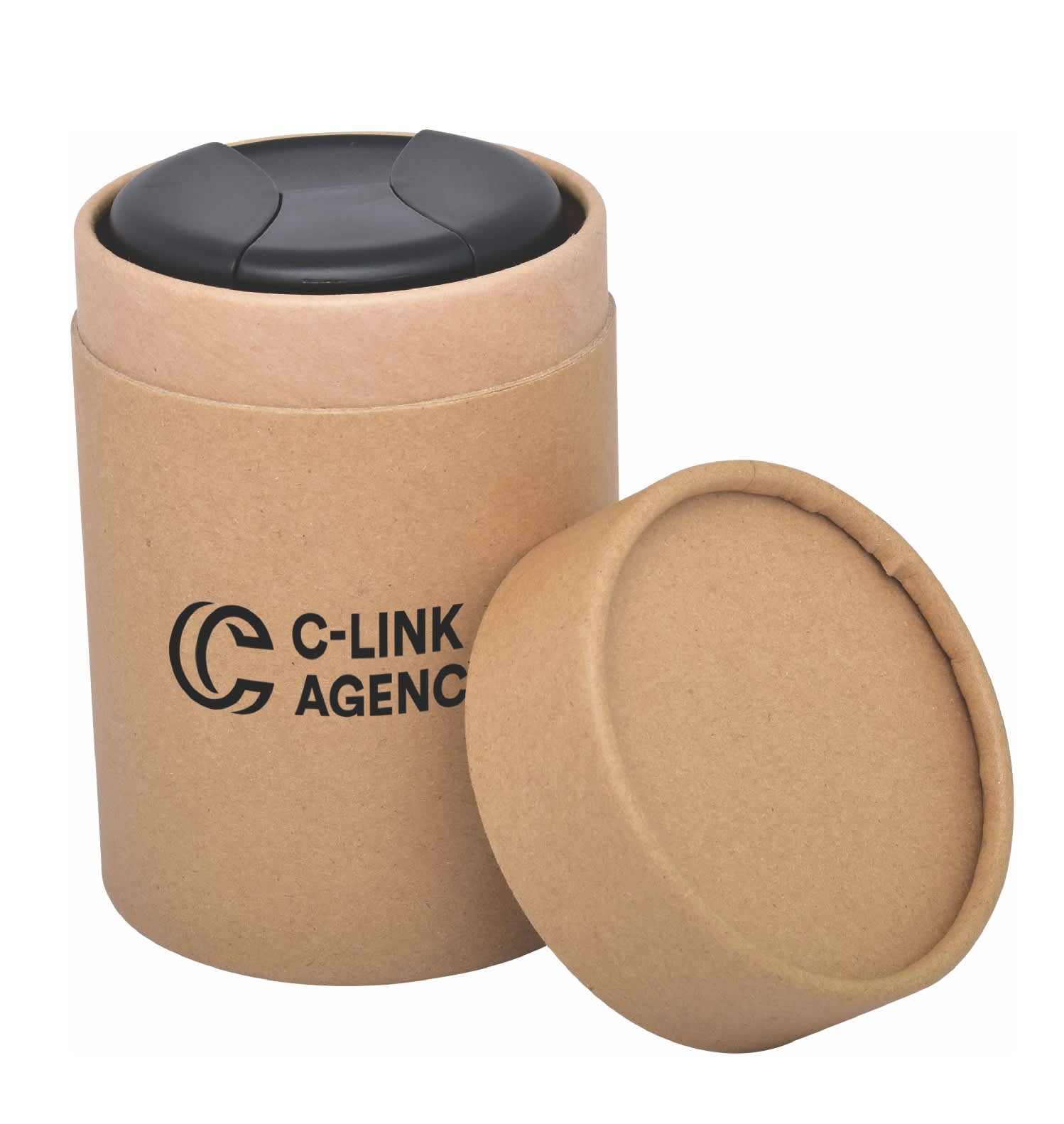 A cylindrical kraft tube with a black lid, designed for packaging a writing pen. It features a logo. Impressions Tube for Milan Mug - Image 1