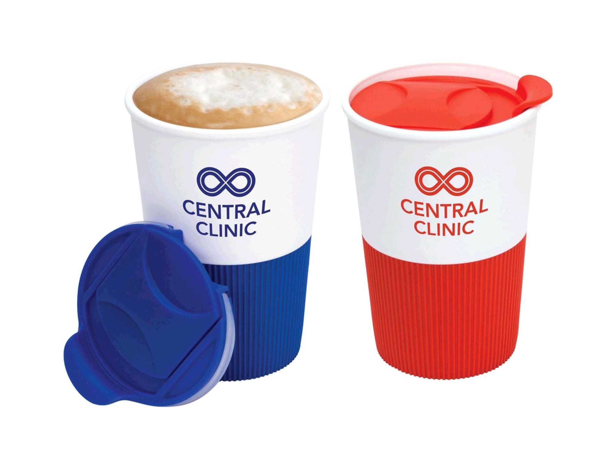 A coffee mug with a white body and coloured silicone sleeves, featuring blue and red options, each with a lid. Verona Coffee Mug - Image 1