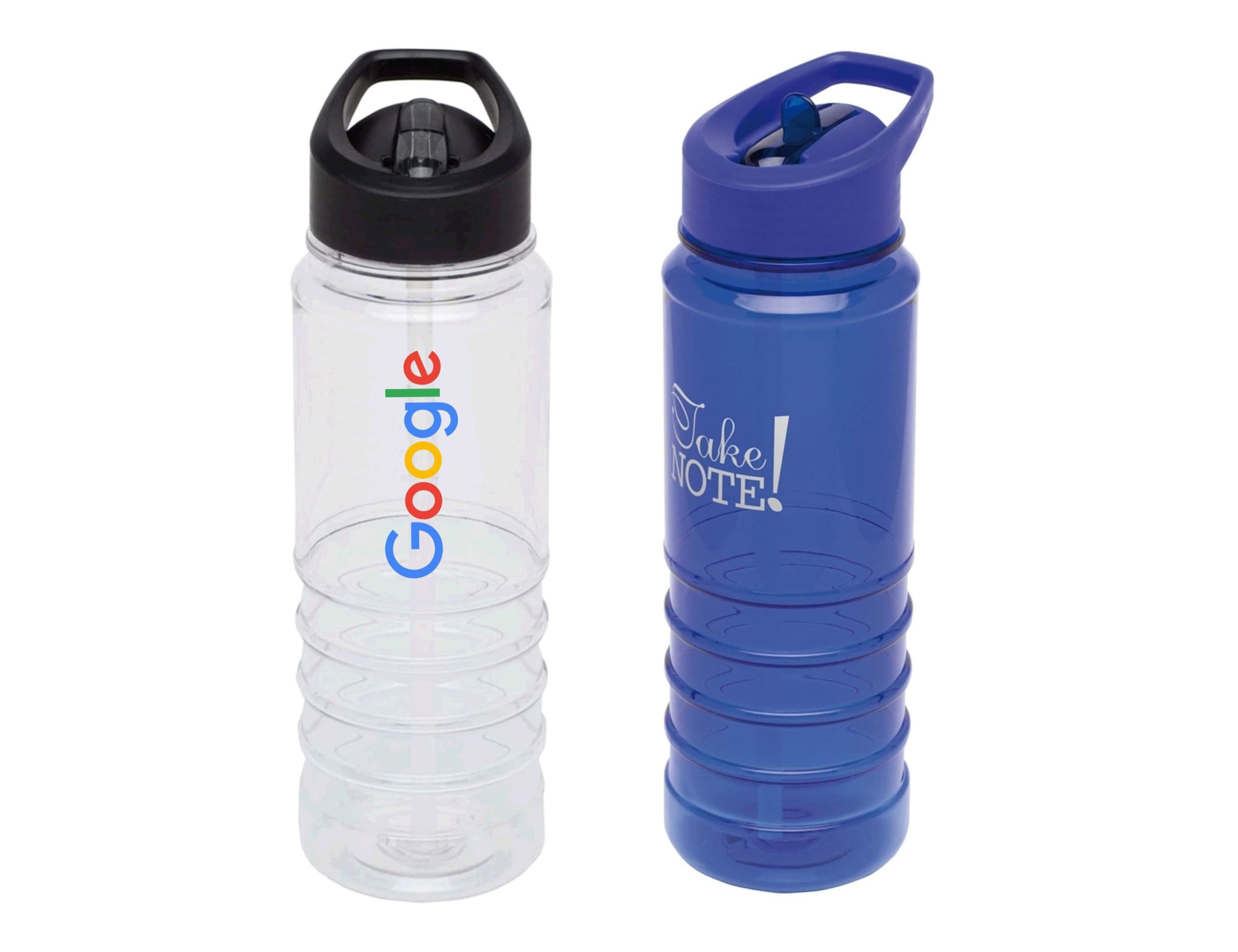 A drink bottle in clear plastic with a black lid, and a blue drink bottle with a black lid, featuring a logo. Lancer Bottle - Image 1