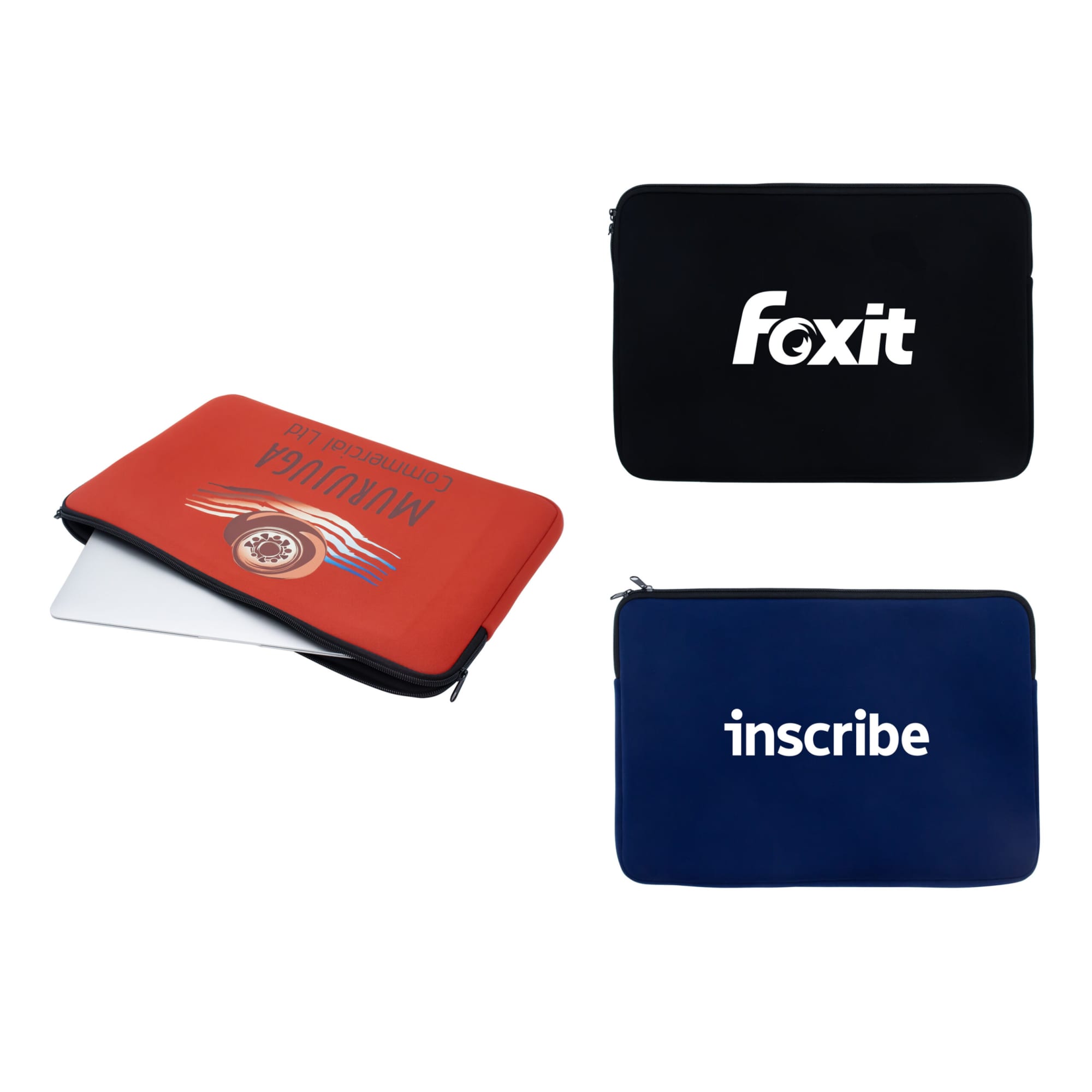 A laptop sleeve in red with a logo, alongside black and navy versions with different logos. Bowles Laptop Sleeve - Image 1