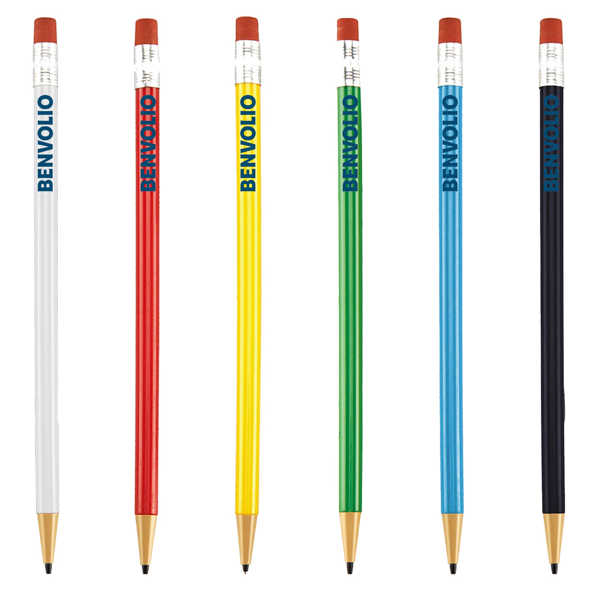 A set of round mechanical pencils in white, red, yellow, green, blue, and black, featuring a logo. Round Mechanical Pencil - Image 1