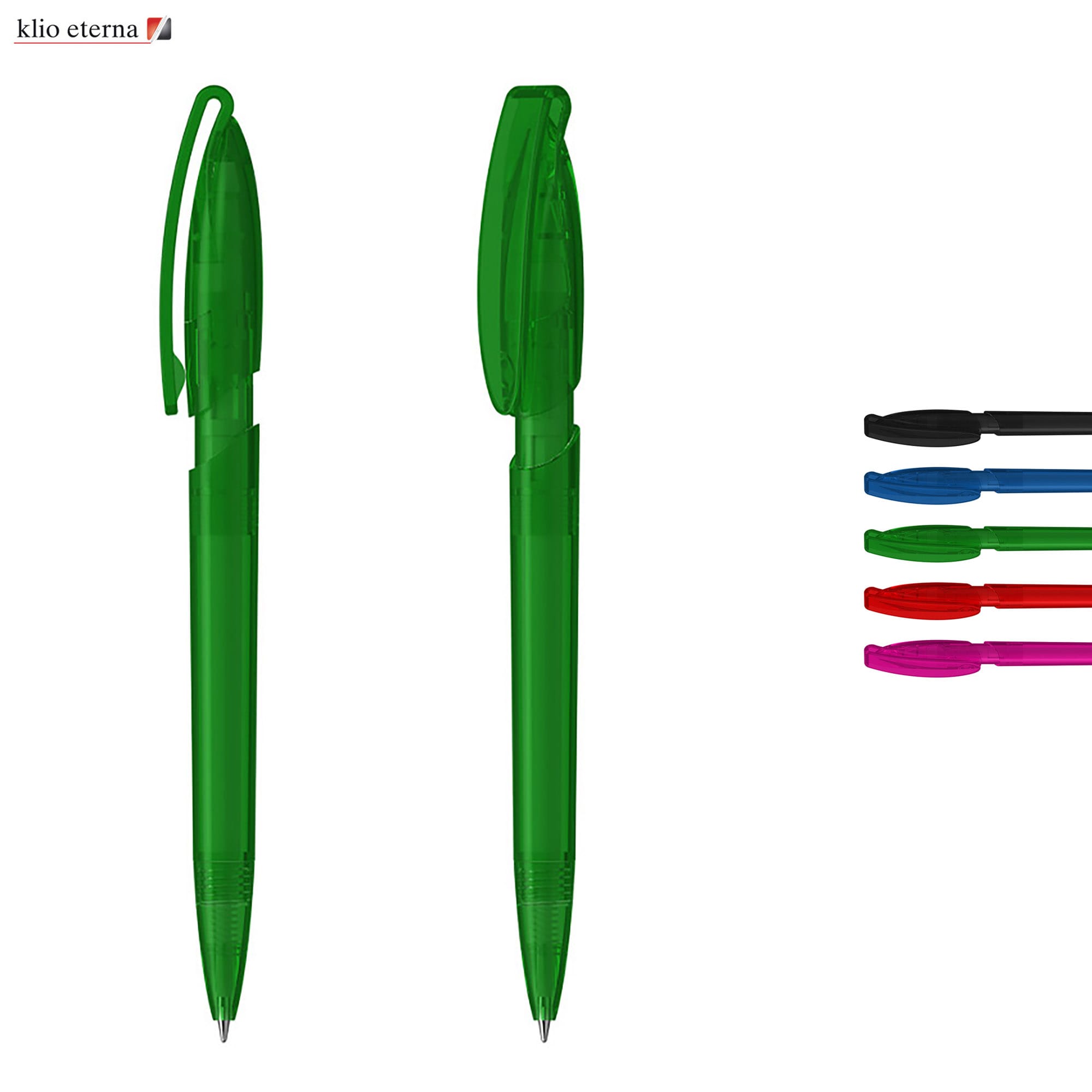 A green plastic pen with a transparent body, alongside other coloured pens in black, blue, pink, and red. Rodeo Transparent - Image 1