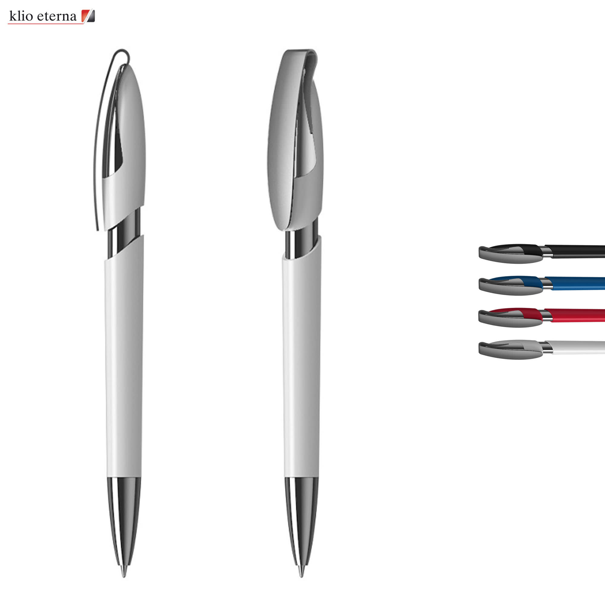 A white plastic pen featuring a chrome clip, alongside additional pens in blue, red, and black. The image includes branding. Rodeo MM - Image 1