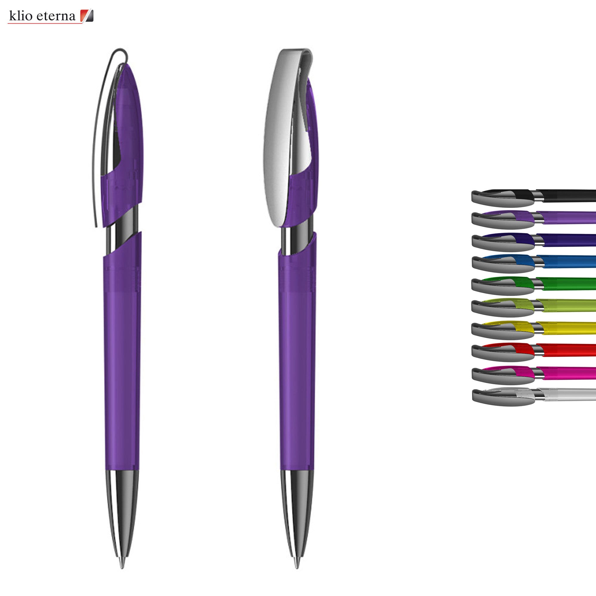 A purple plastic pen with a silver clip, accompanied by a variety of colourful pen options on the right. Rodeo MM Transparent - Image 1