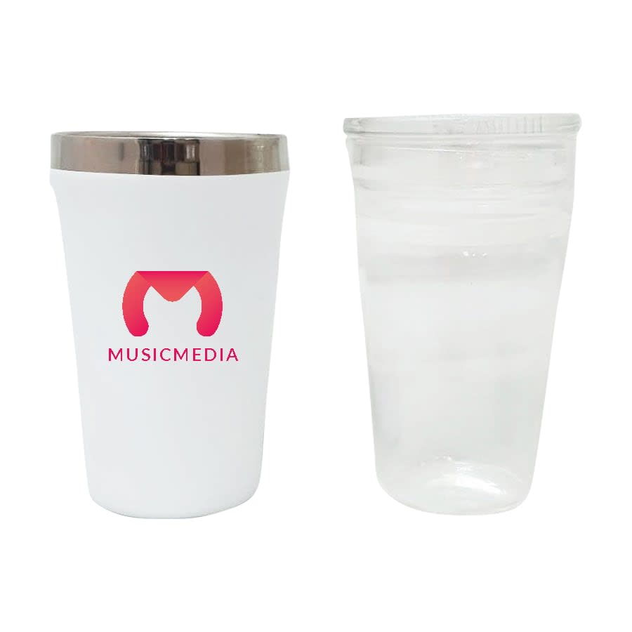 A drink bottle featuring a white exterior with a silver lid and a clear cup beside it, both showcasing simple designs. Duet 500mL Cup - Image 1