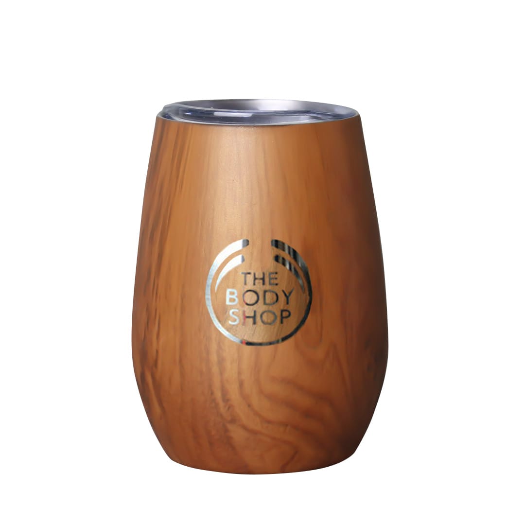A drink cup with a wooden finish and a metallic rim, featuring a logo on its surface. Ecograin Mirror Finish 230mL Calm Cup - Image 1