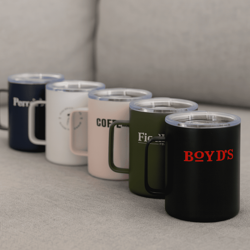 A collection of five travel mugs in navy, white, blush, olive, and black, featuring various logos. Wanderer 400ml Mug - Image 1
