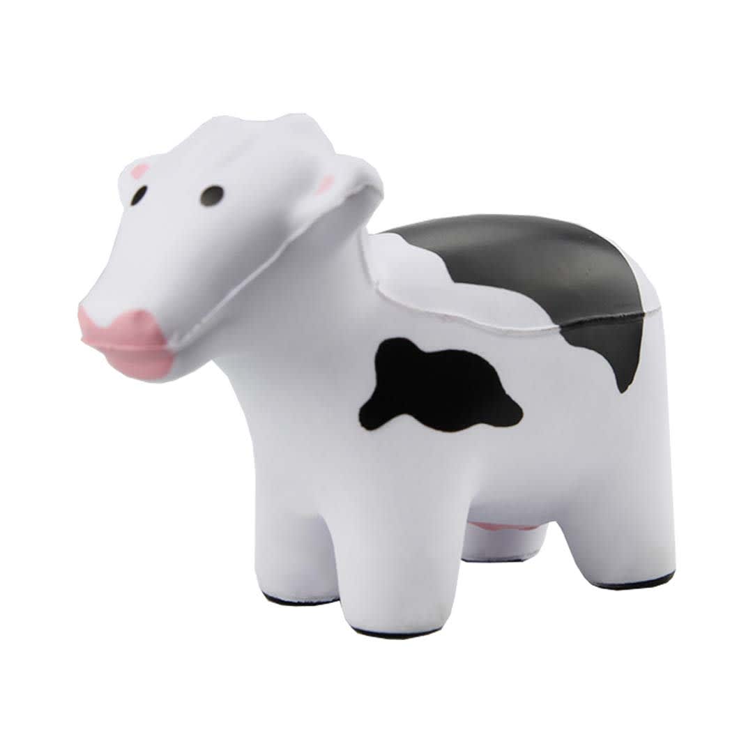A black and white stress cow toy with a smiling expression and simplified features. It has a branding logo. Stress Cow Black - Image 1