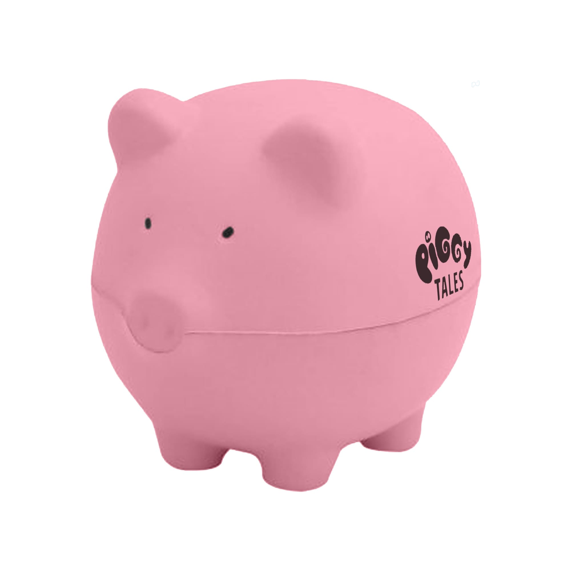 A pink stress-relief pig in a round shape with small ears, a snout, and a logo on the side. Stress Pig - Image 1