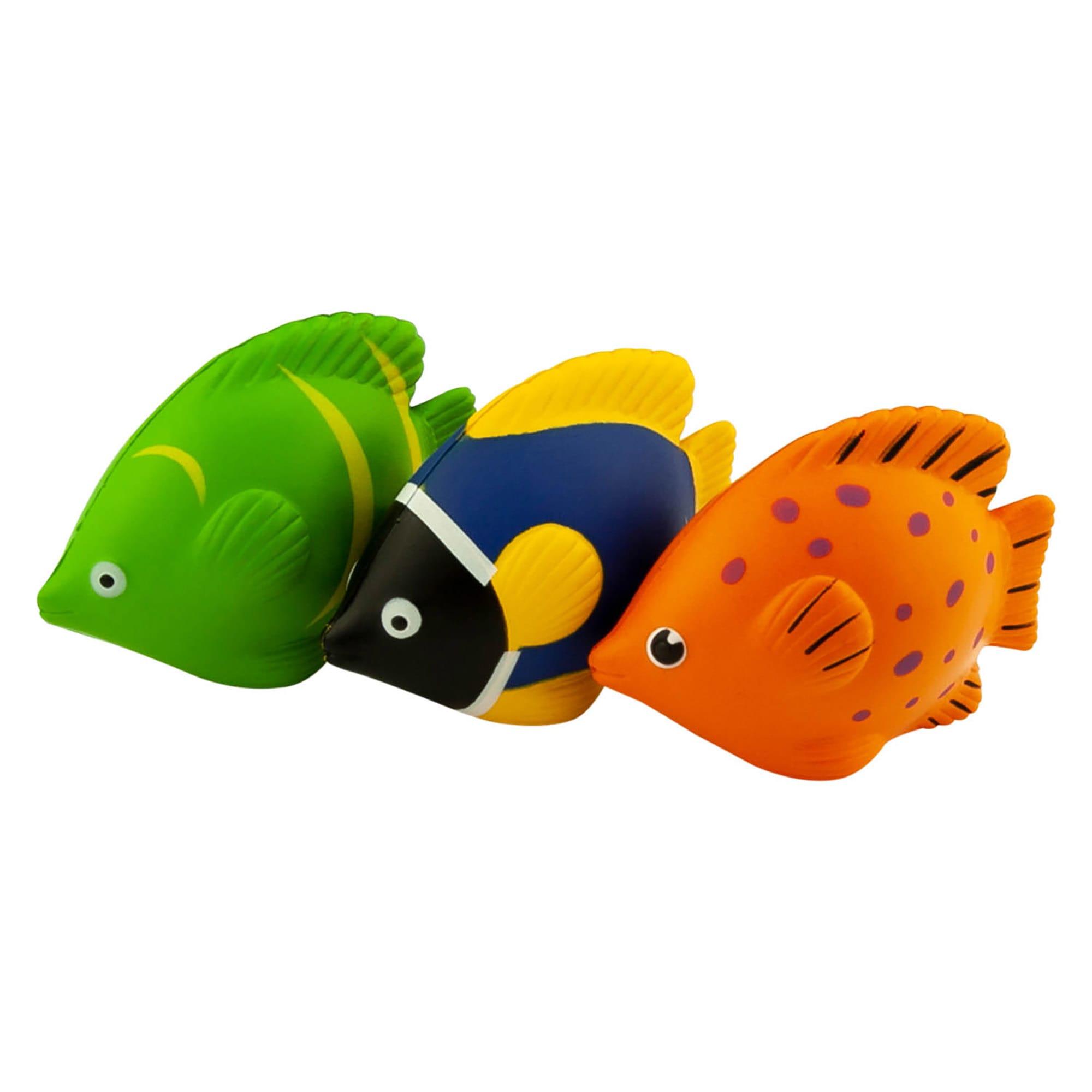 Three colourful stress fish toys in green, orange, and blue, featuring various patterns and a playful design. Stress Tropical Fish - Image 1
