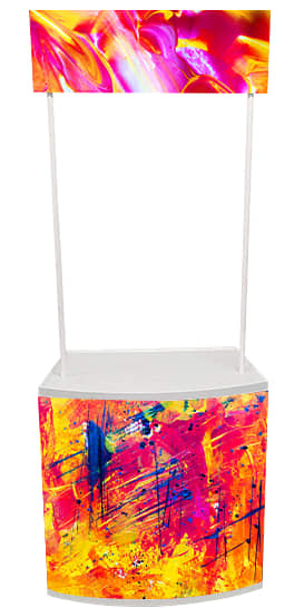 A promotional sampling table featuring a vibrant, multicoloured design with a bright top banner and a white base. Promotion Sampling Table 750 x 470 x 800mm - Image 1