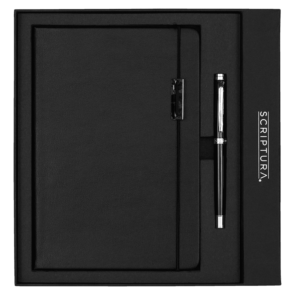A black notebook with a pen, presented in a sleek black gift box, featuring a logo on the packaging. Scriptura Legato Notebook & Pen - Image 1