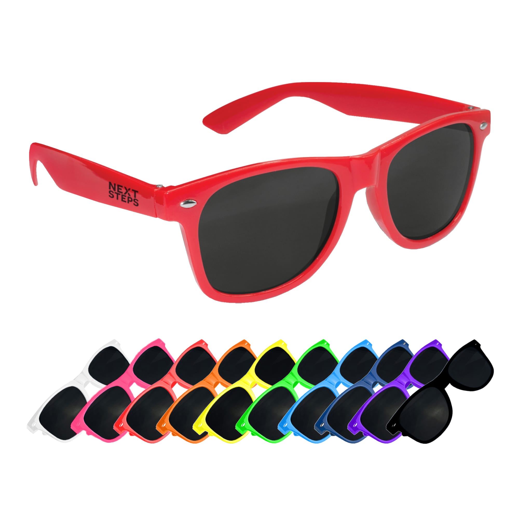 A pair of red sunglasses with dark lenses and various other coloured sunglasses arranged below. The design includes a logo on the side. Raybeam Premium Sunglasses - Image 1