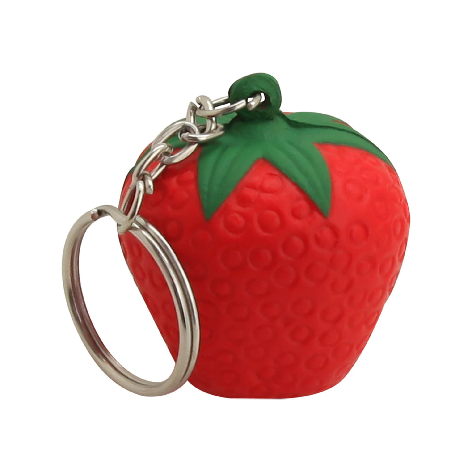 A red strawberry-shaped stress key ring with a green leaf detail and a metal keyring attachment. Stress Strawberry Key Ring - Image 1