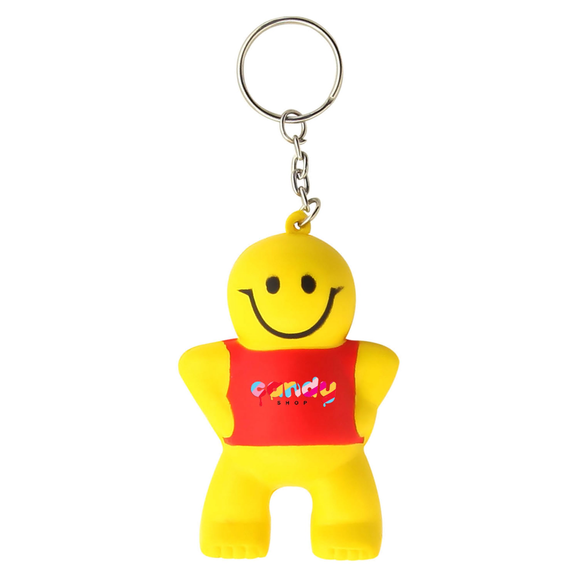 A yellow stress keyring in the shape of a smiling little man, wearing a red shirt. Features a logo. Stress Little Man Key Ring - Image 1