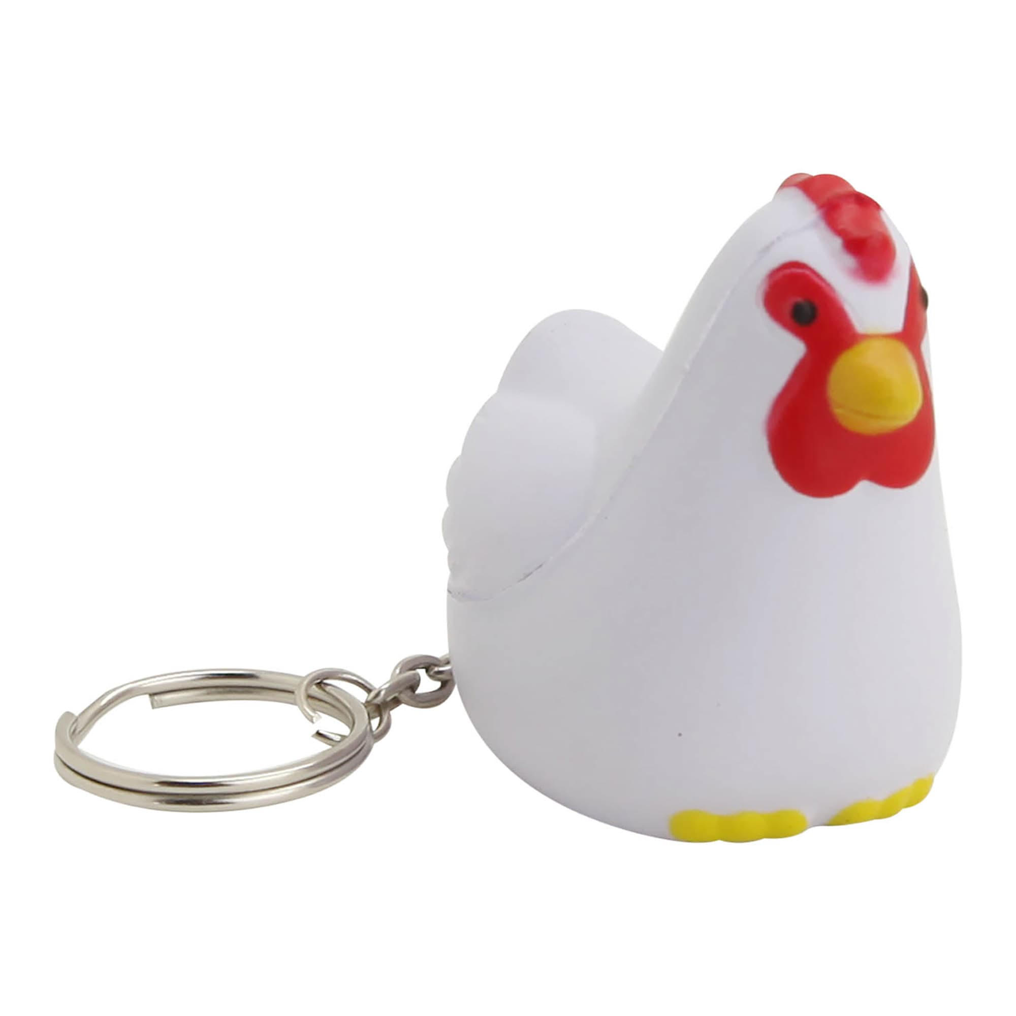 A white stress rooster key ring with a red comb and yellow feet, featuring a metal keychain attachment. Stress Rooster Key Ring - Image 1
