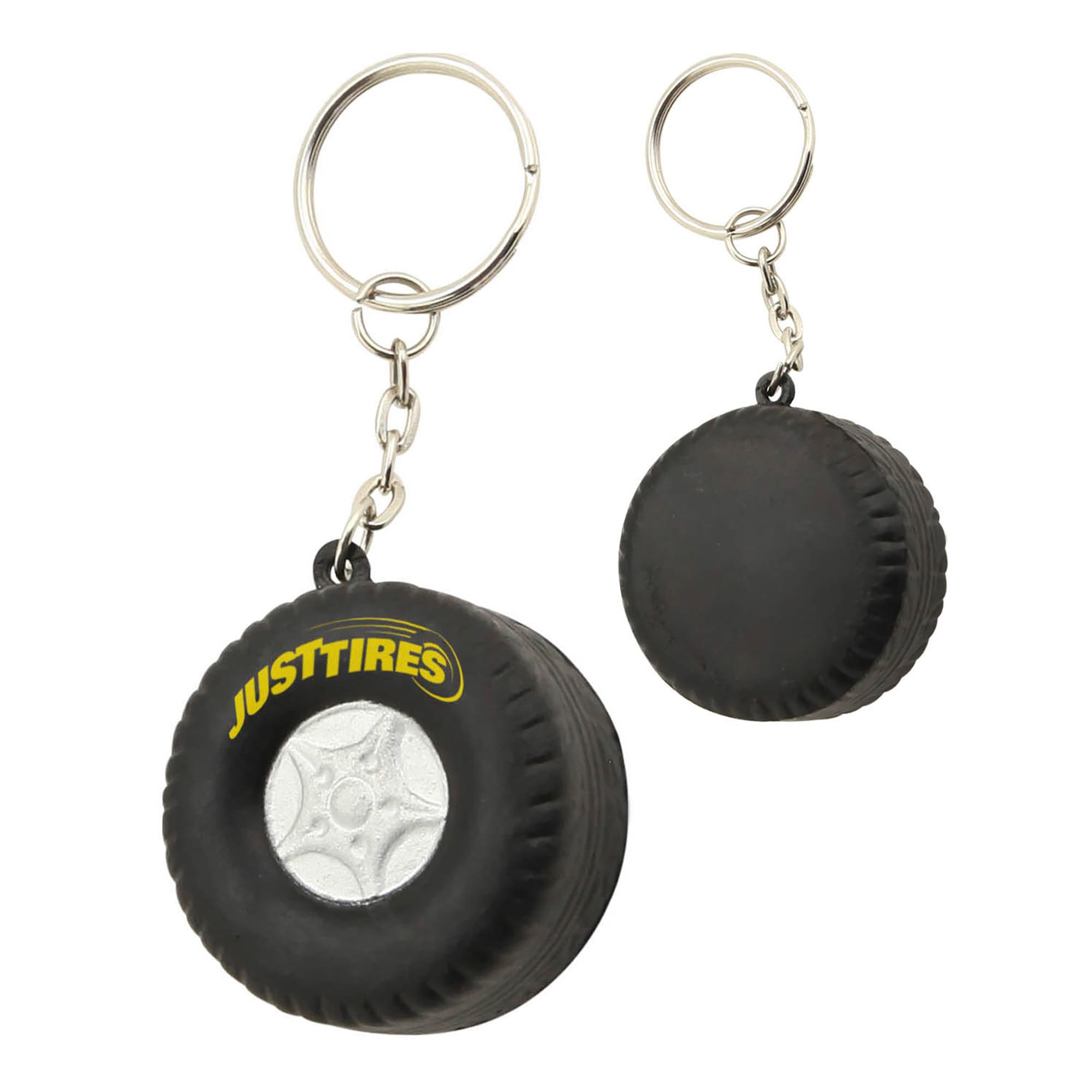 A black stress tyre key ring featuring a small tyre design and a metal keychain attachment, with a logo. Stress Tyre Key Ring - Image 1