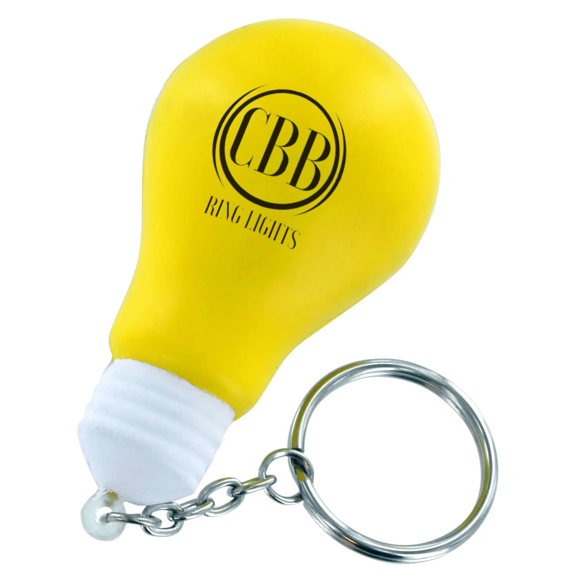A yellow stress lighting bulb key ring with a silver chain and a logo on the surface. Stress Lighting Blub Key Ring - Image 1