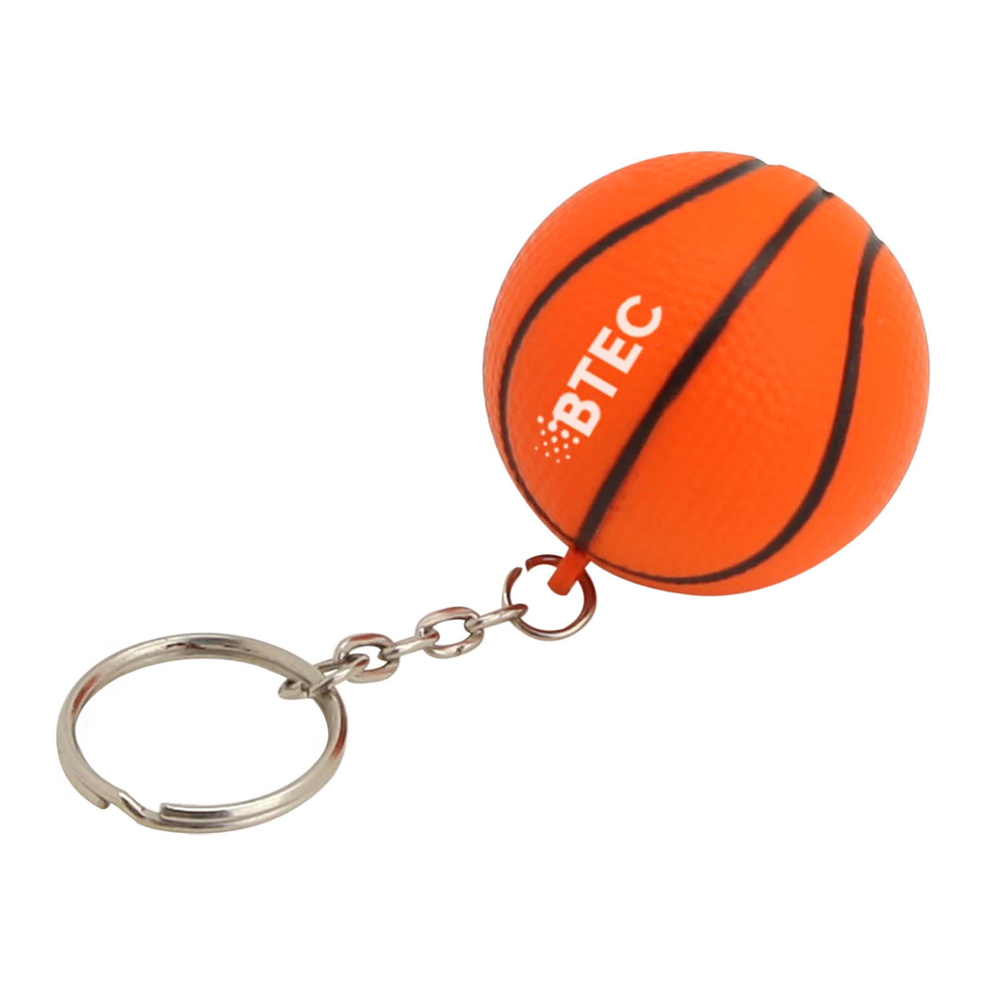 An orange basketball-shaped key ring with black stripes and a small branding logo. Stress Basketball Key Ring - Image 1