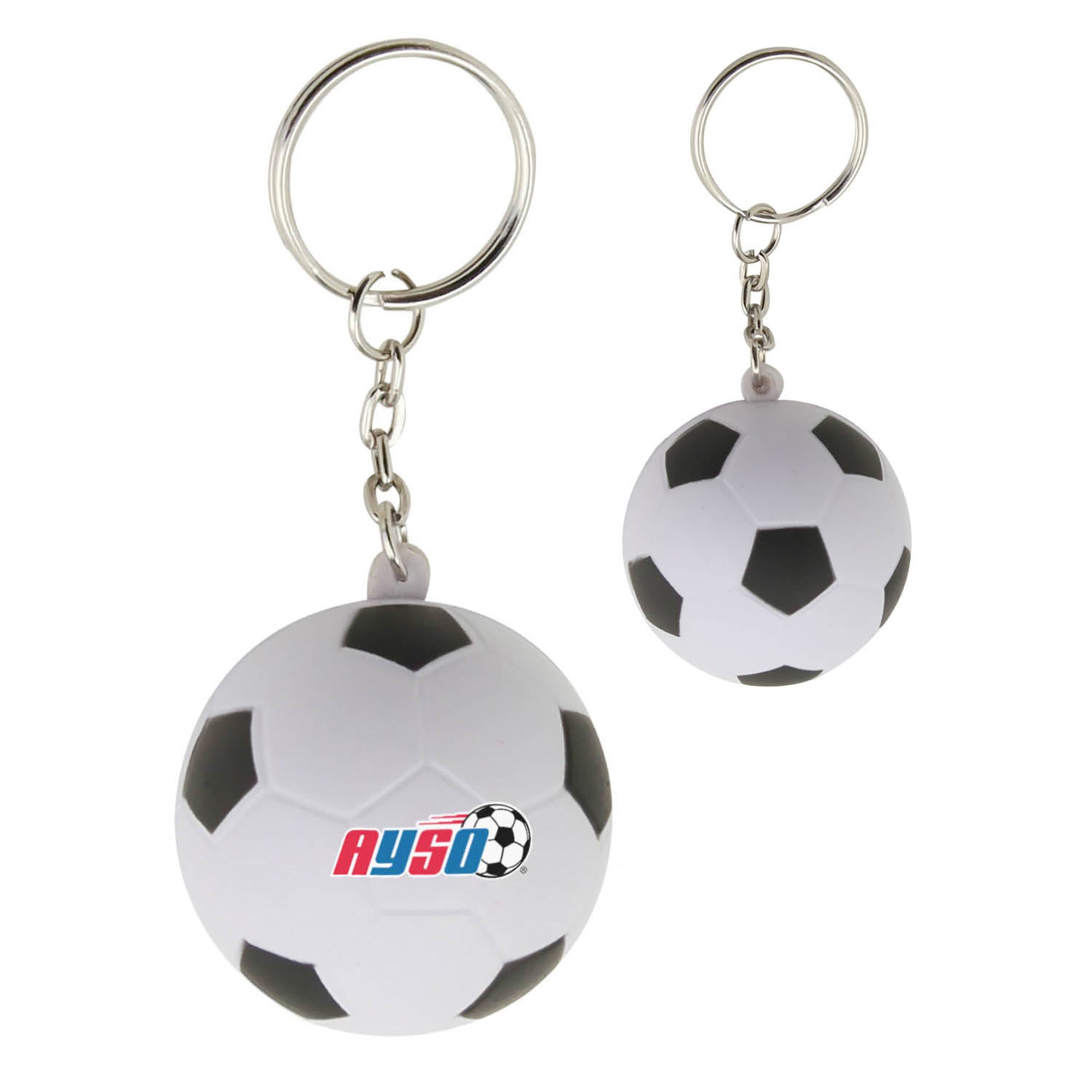 A stress soccer ball key ring in white and black, featuring a logo and attached to a silver keychain. Stress Soccer Ball Key Ring - Image 1