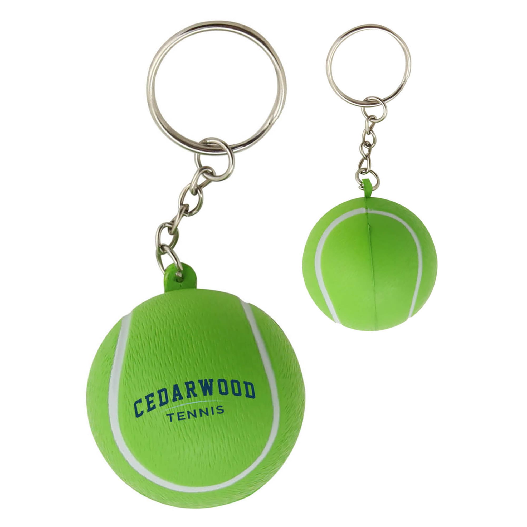 A green tennis ball key ring with white stripes, attached to a metal keychain, featuring a logo. Stress Tennis Ball Key Ring - Image 1