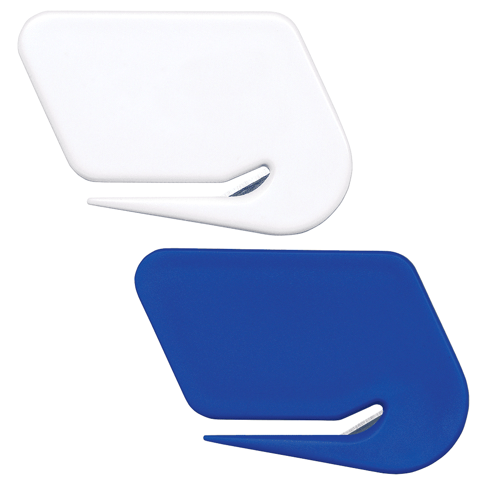 A set of two letter openers in white and blue, featuring a sleek design with a metallic cutting edge. Letter Opener - Image 1