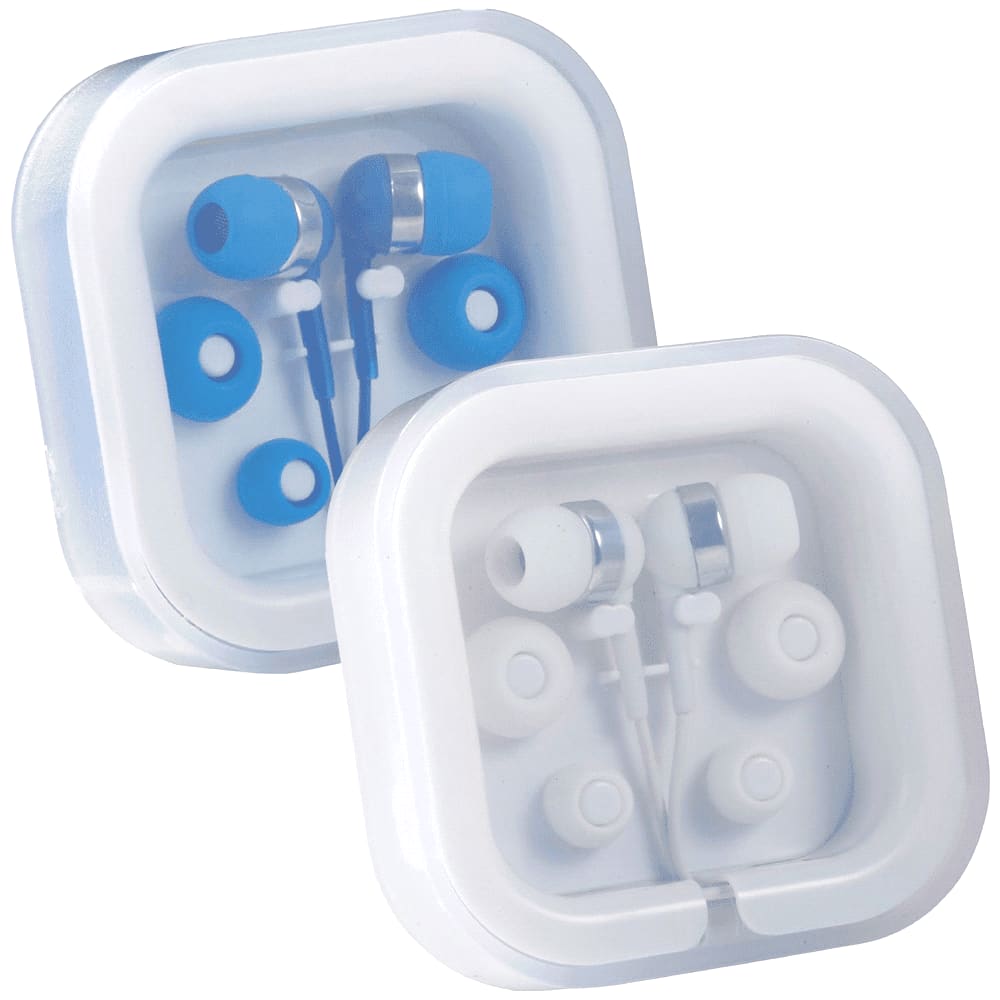 Colour Pop Earbuds displayed in a clear case, featuring vibrant blue and white colours. The packaging includes additional ear tips. Colour Pop Earbuds - Image 1