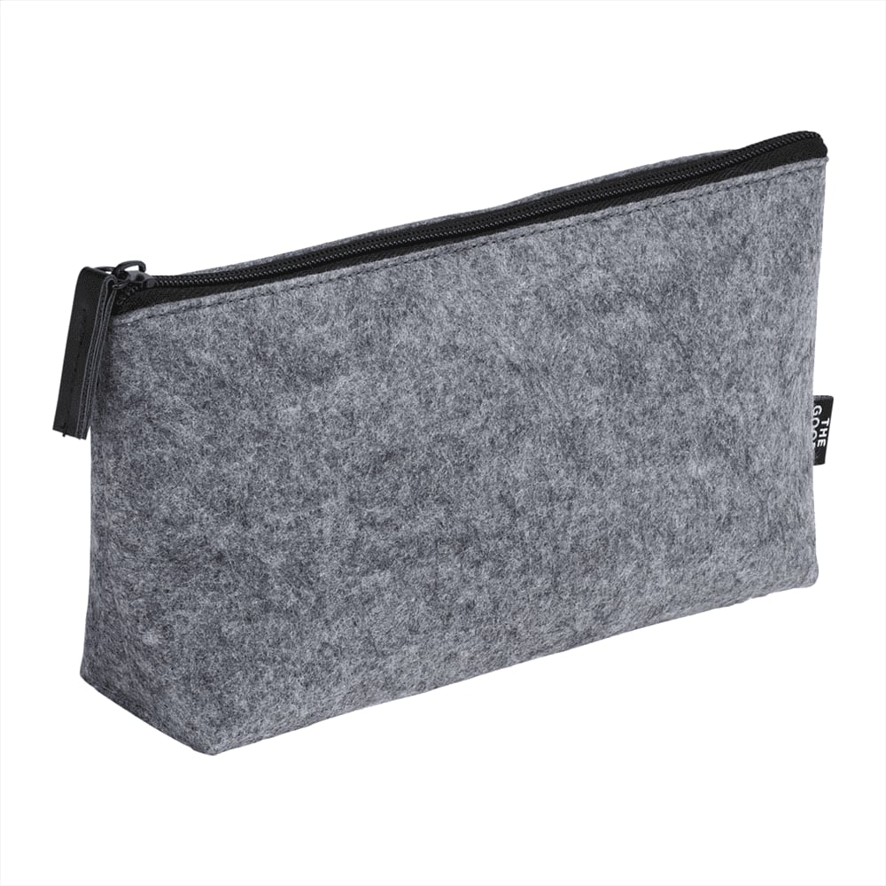 A grey recycled felt zippered pouch with a black zipper, featuring a logo on the side. The Goods Recycled Felt Zippered Pouch - Image 1