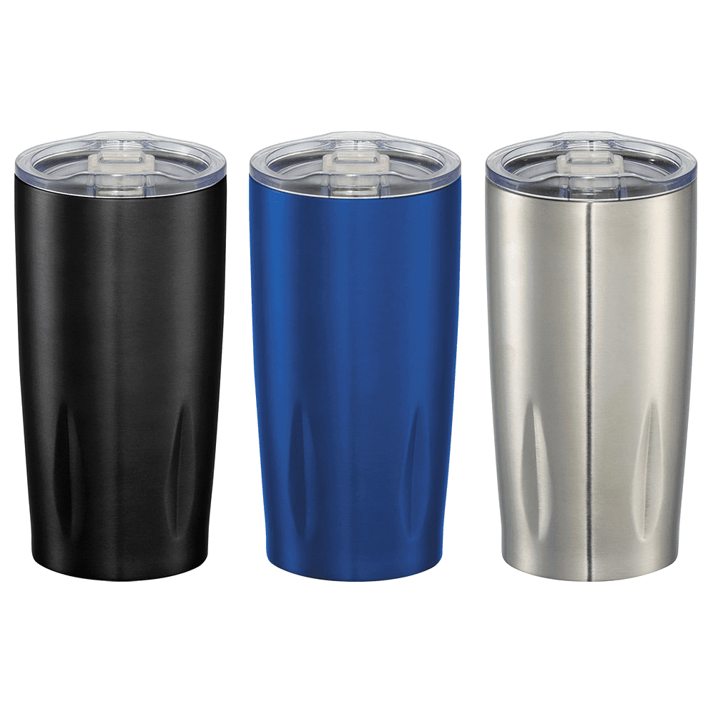A drink bottle featuring a set of three Rocky 590ml vacuum tumblers in black, blue, and silver, each with a lid. Rocky 590ml Vacuum Tumbler - Image 1