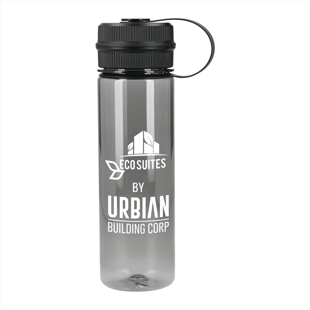 A drink bottle in clear grey with a black lid and a logo on the side. Features a carry loop. Venture Recycled R-PET Sports Bottle 620ml - Image 1