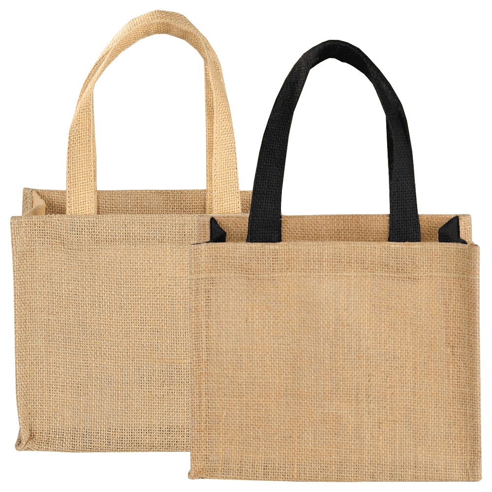 A jute tote bag featuring a natural tan colour with black handles and a simple design. It has a logo on one side. Mini Jute Gift Tote 5L - Image 1