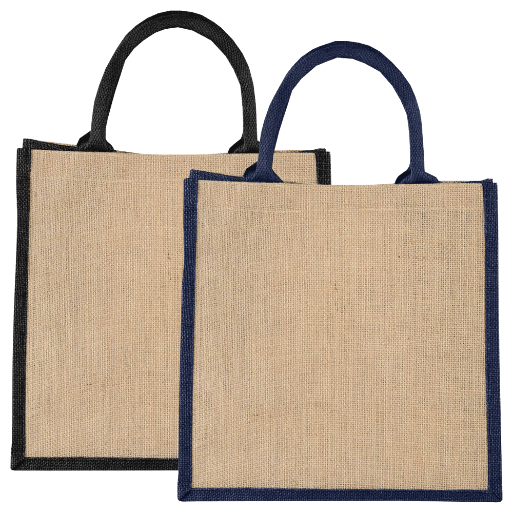Medium jute gift tote in natural and black with navy accents, featuring sturdy handles and a logo. Medium Jute Gift Tote 17L - Image 1