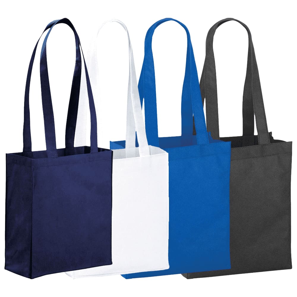 Mini Elm Non-Woven Tote bags in navy, white, blue, and black with long handles and a logo on each bag. Mini Elm Non-Woven Tote 6L - Image 1
