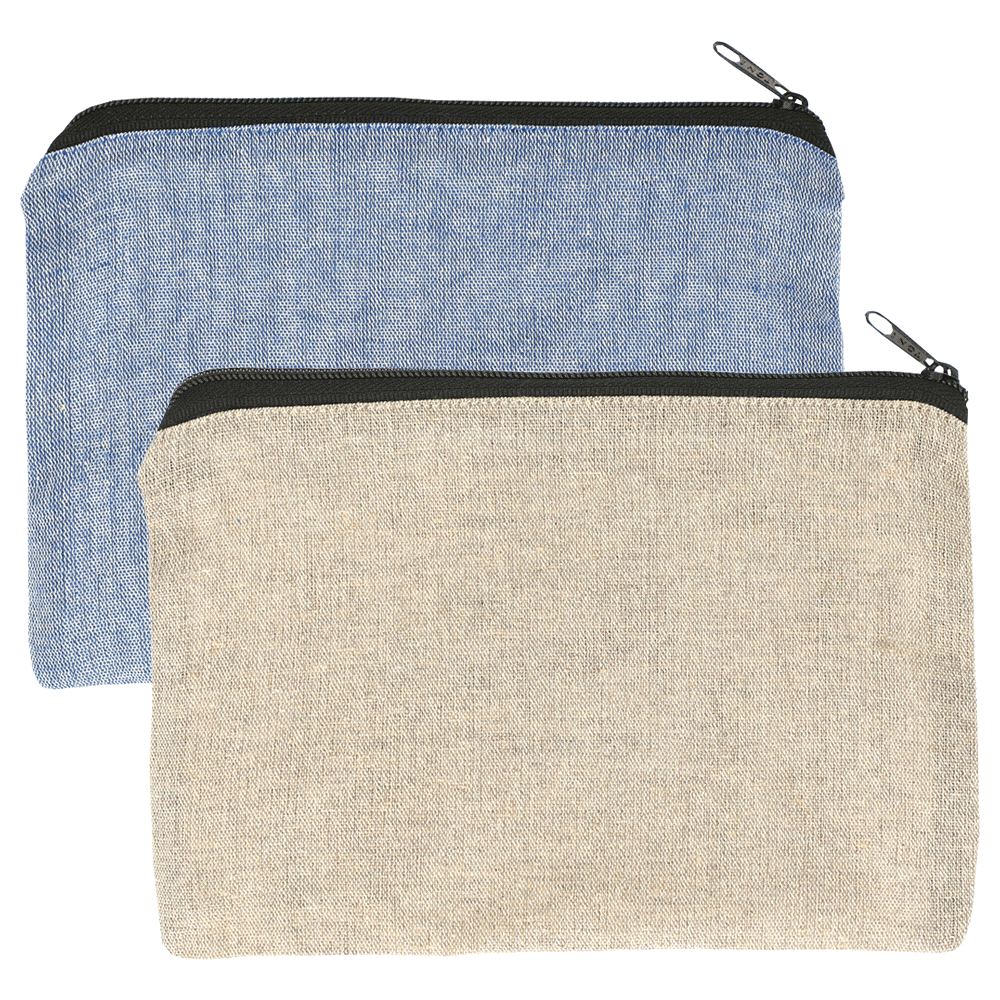 A recycled cotton twill pouch in blue and beige, featuring a zip closure and a brand logo. Recycled Cotton Twill Pouch - Image 1