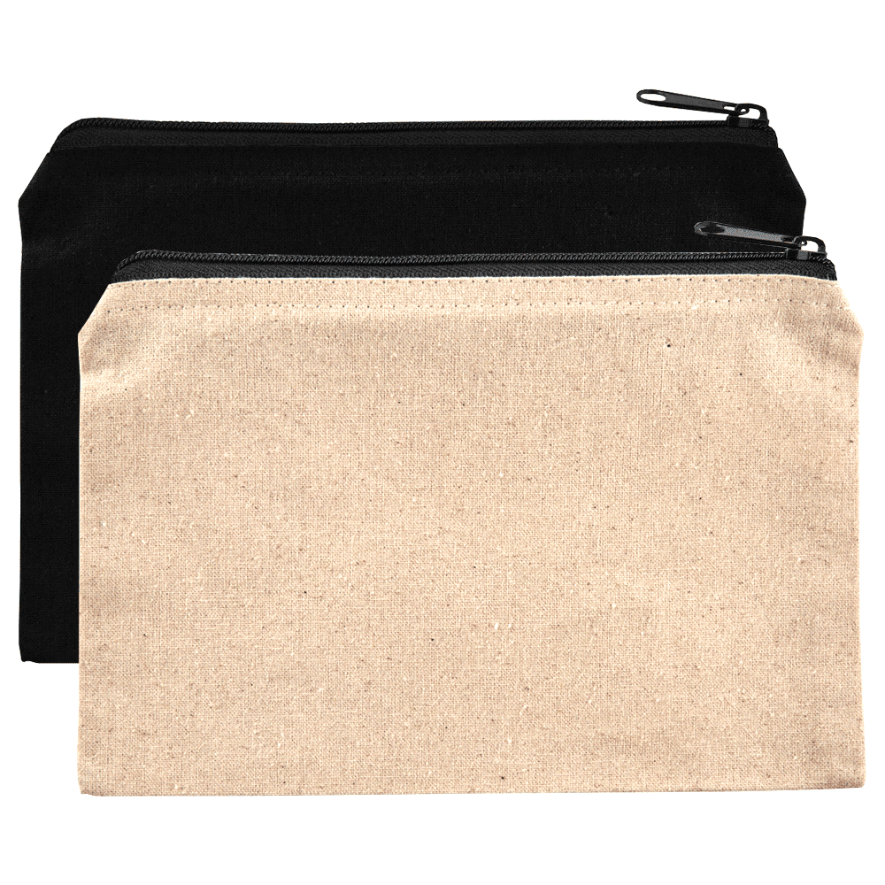 Two cotton travel pouches, one in black and the other in natural, featuring zip closures and a simple design. Cotton Travel Pouch - Image 1