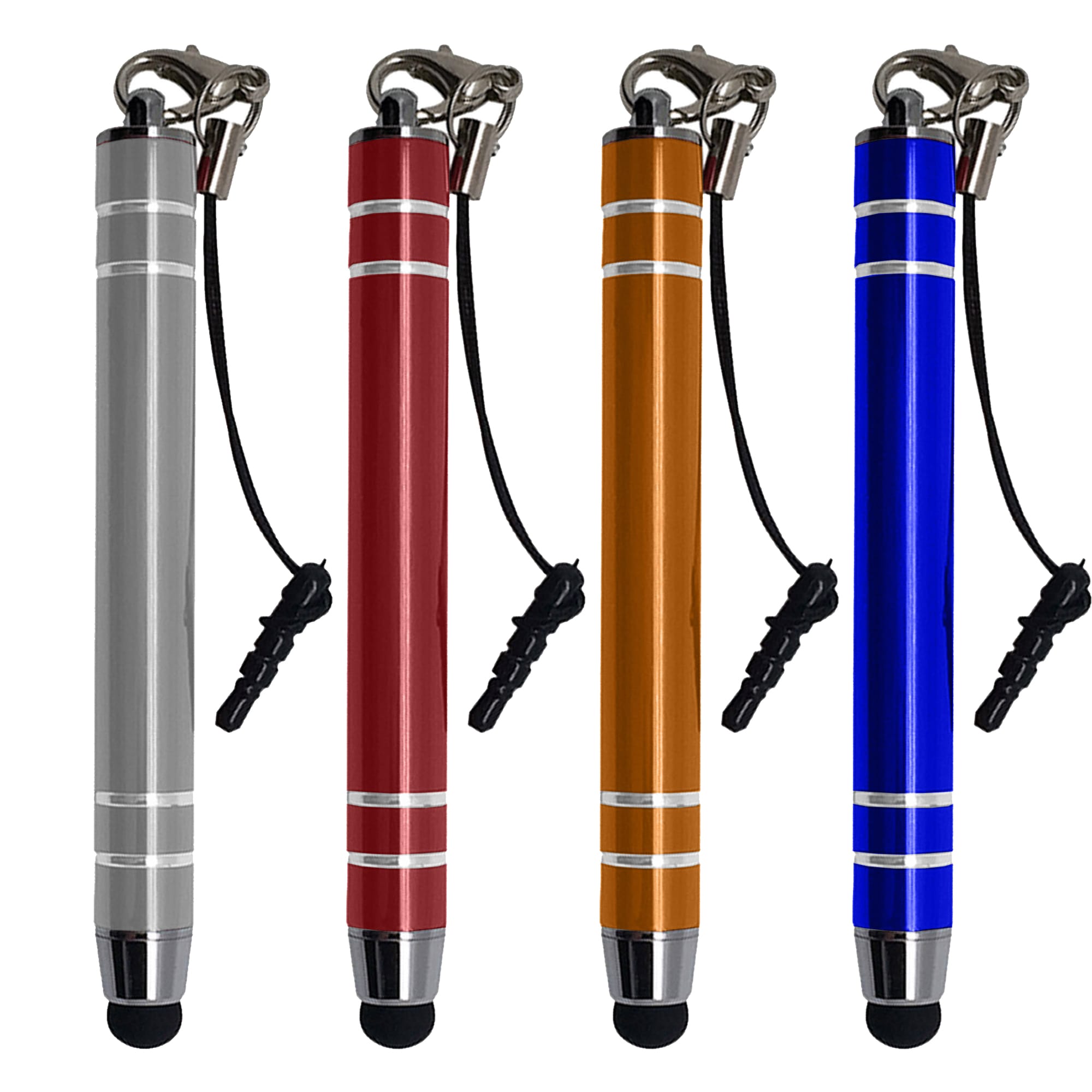 A collection of four metal stylus pens in silver, red, orange, and blue, each with a black rubber tip and a lanyard. Stylus Short – Metal - Image 1