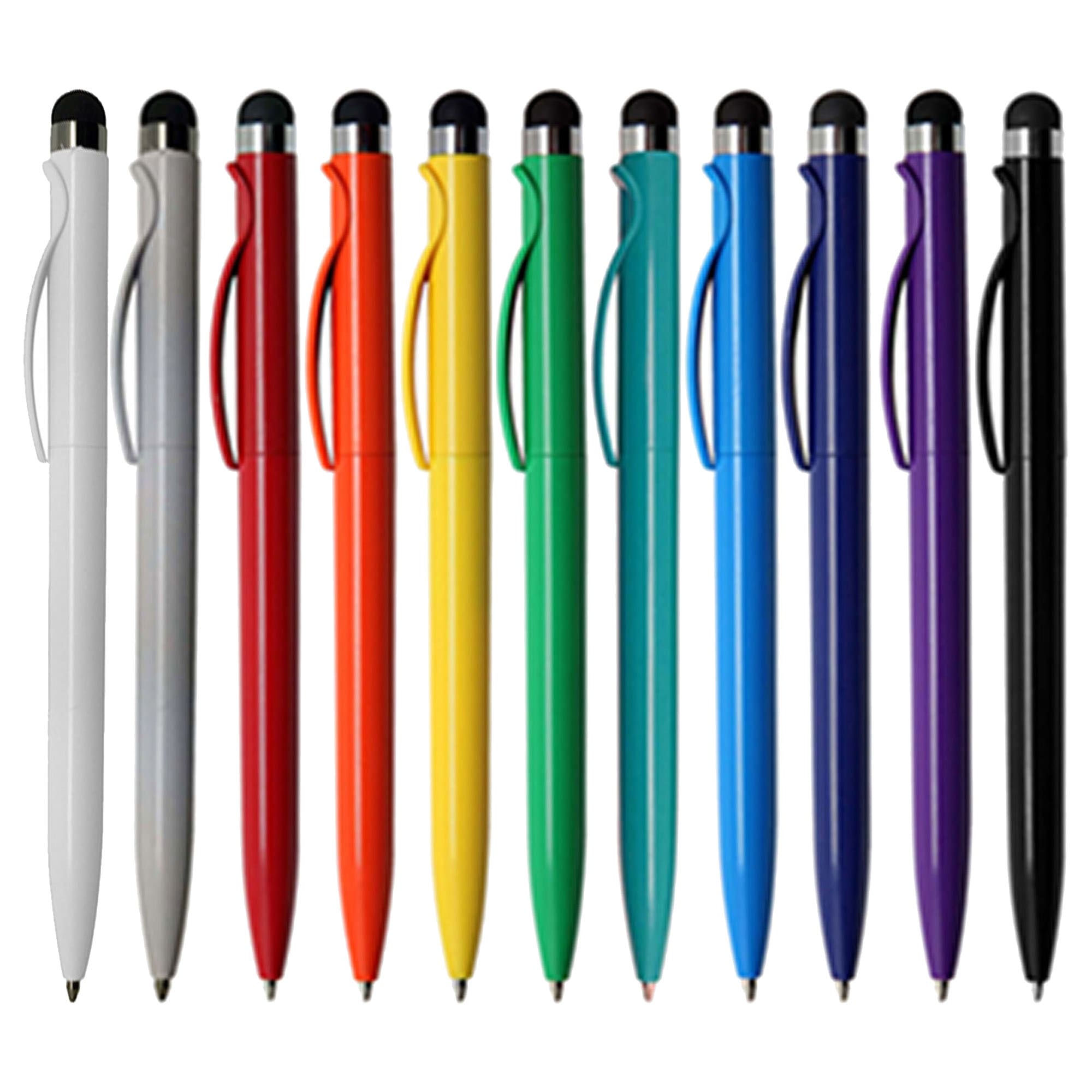 A collection of stylus pens in white, red, orange, yellow, green, blue, purple, and black, featuring a logo. Stylus Sleek – Plastic - Image 1
