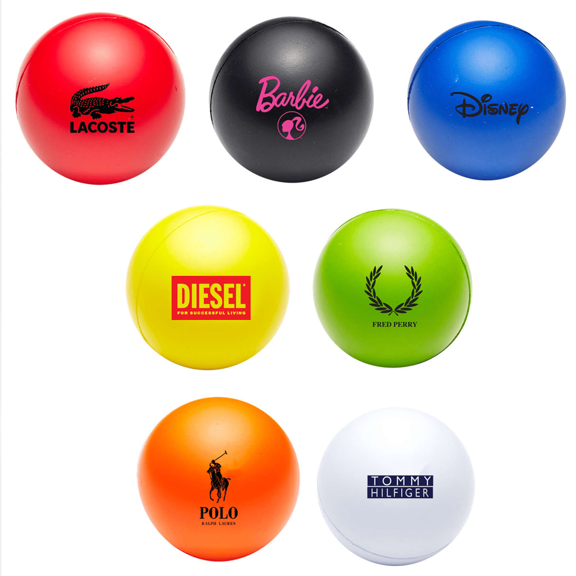 A collection of eight stress balls in various colours: red, black, blue, green, orange, white, and yellow, featuring different logos. Squeeze Ball - Image 1