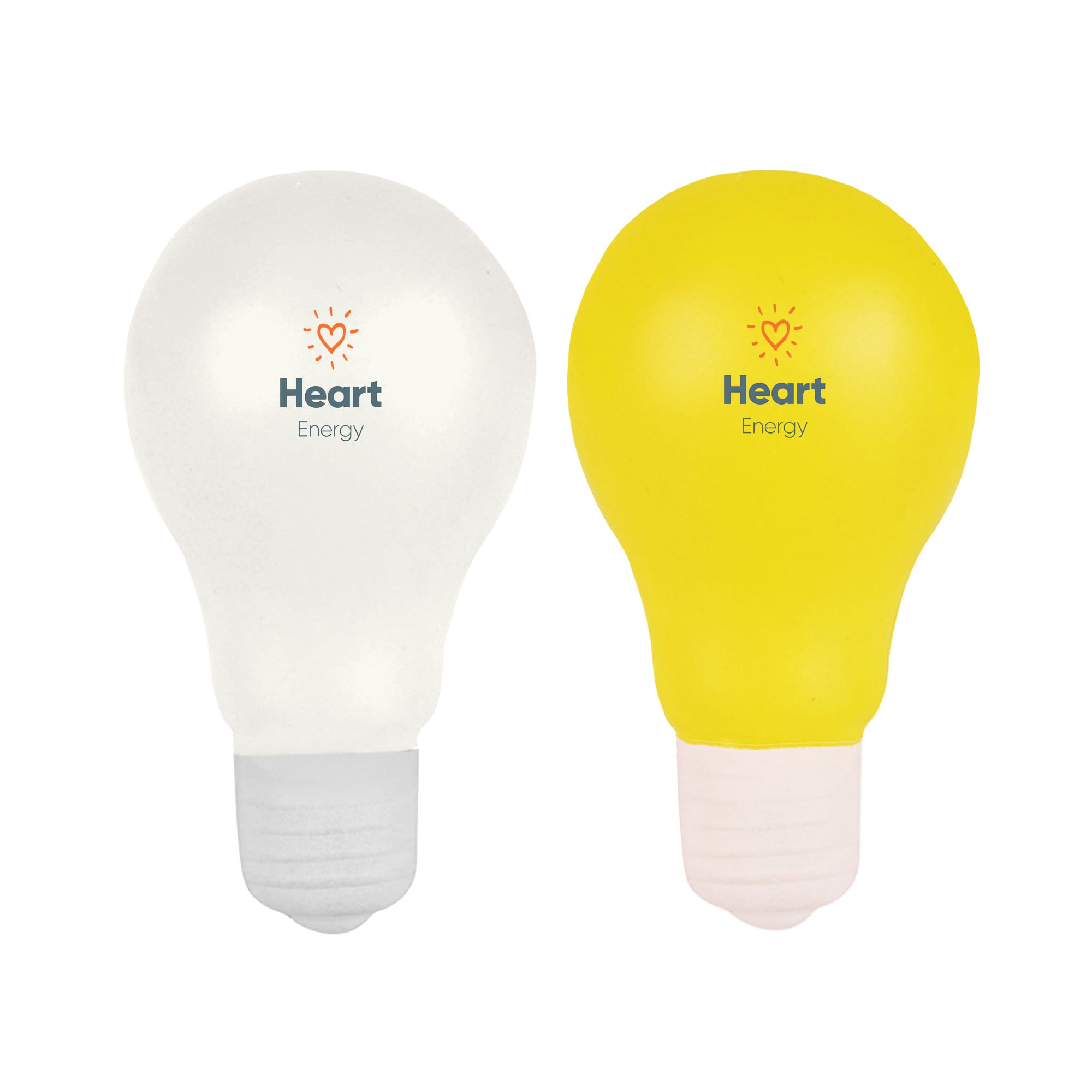 Two stress light bulbs in white and yellow, with a grey and pink base, featuring a logo on each. Stress Light Bulb - Image 1
