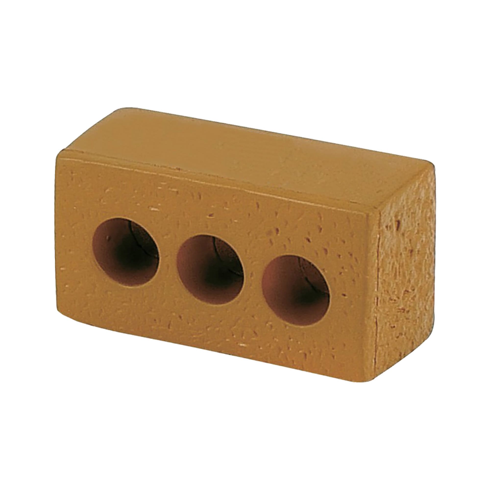 A stress brick in a yellow-brown colour with three indented holes. It features a smooth surface and a simple design. Stress Brick - Image 1